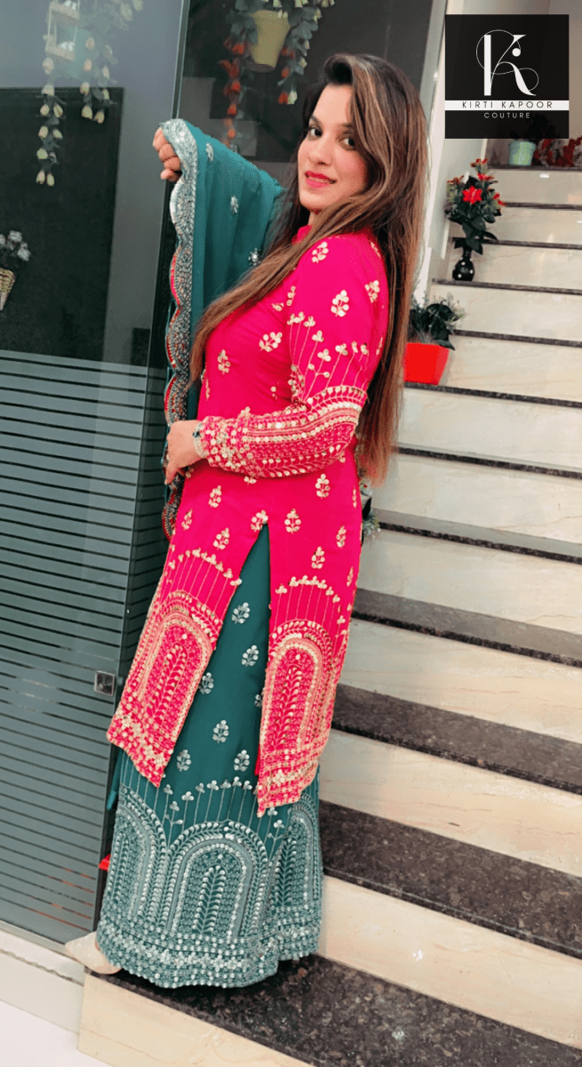 Hot - pink and Peacock Green Embroidered Suit - Kirti Kapoor Couture