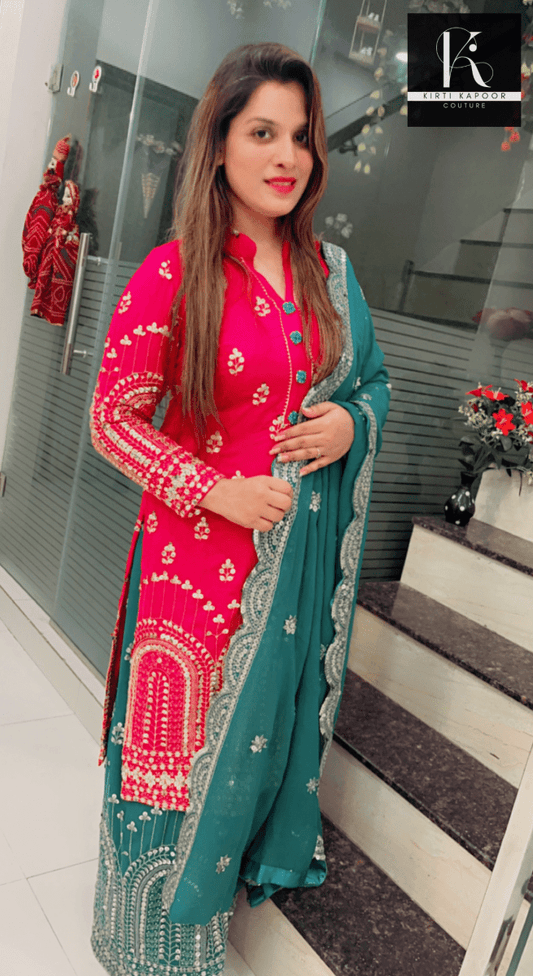 Hot - pink and Peacock Green Embroidered Suit - Kirti Kapoor Couture