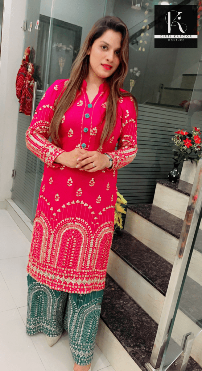 Hot - pink and Peacock Green Embroidered Suit - Kirti Kapoor Couture