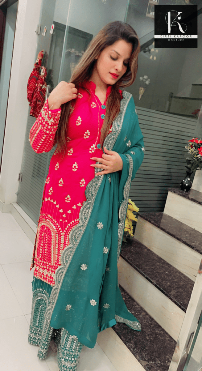 Hot - pink and Peacock Green Embroidered Suit - Kirti Kapoor Couture