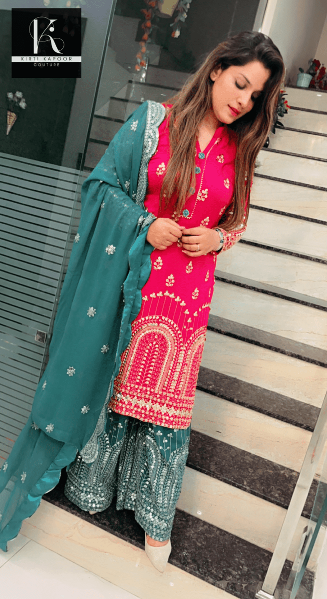 Hot - pink and Peacock Green Embroidered Suit - Kirti Kapoor Couture
