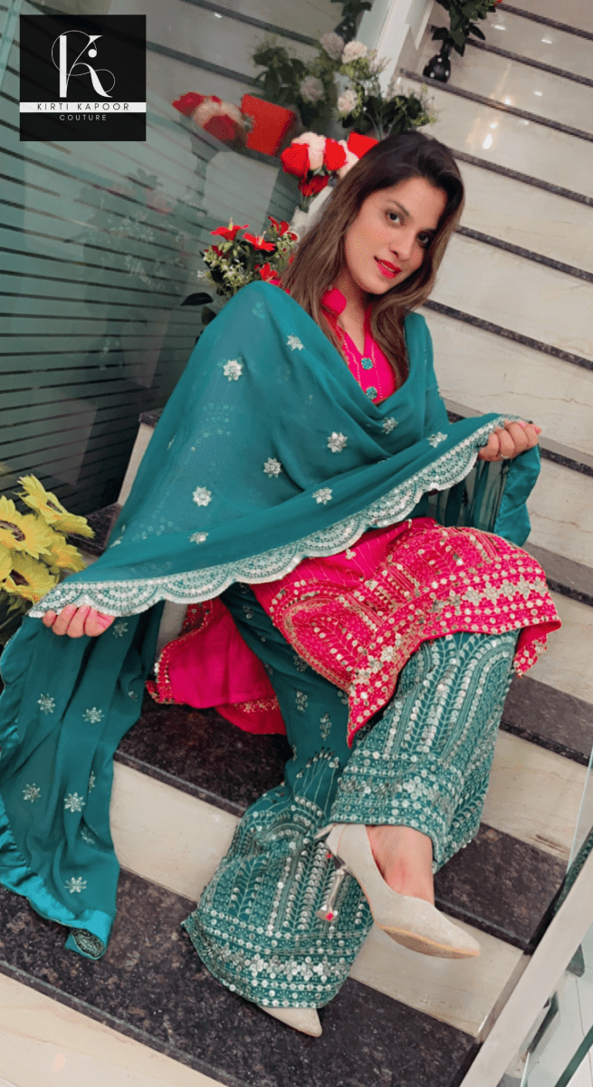 Hot - pink and Peacock Green Embroidered Suit - Kirti Kapoor Couture