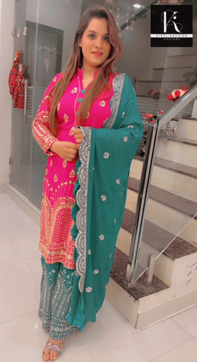 Hot - pink and Peacock Green Embroidered Suit - Kirti Kapoor Couture