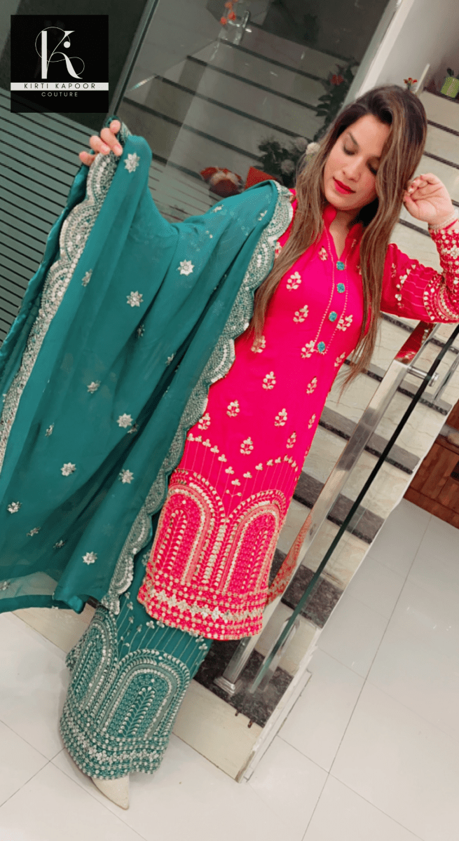 Hot - pink and Peacock Green Embroidered Suit - Kirti Kapoor Couture