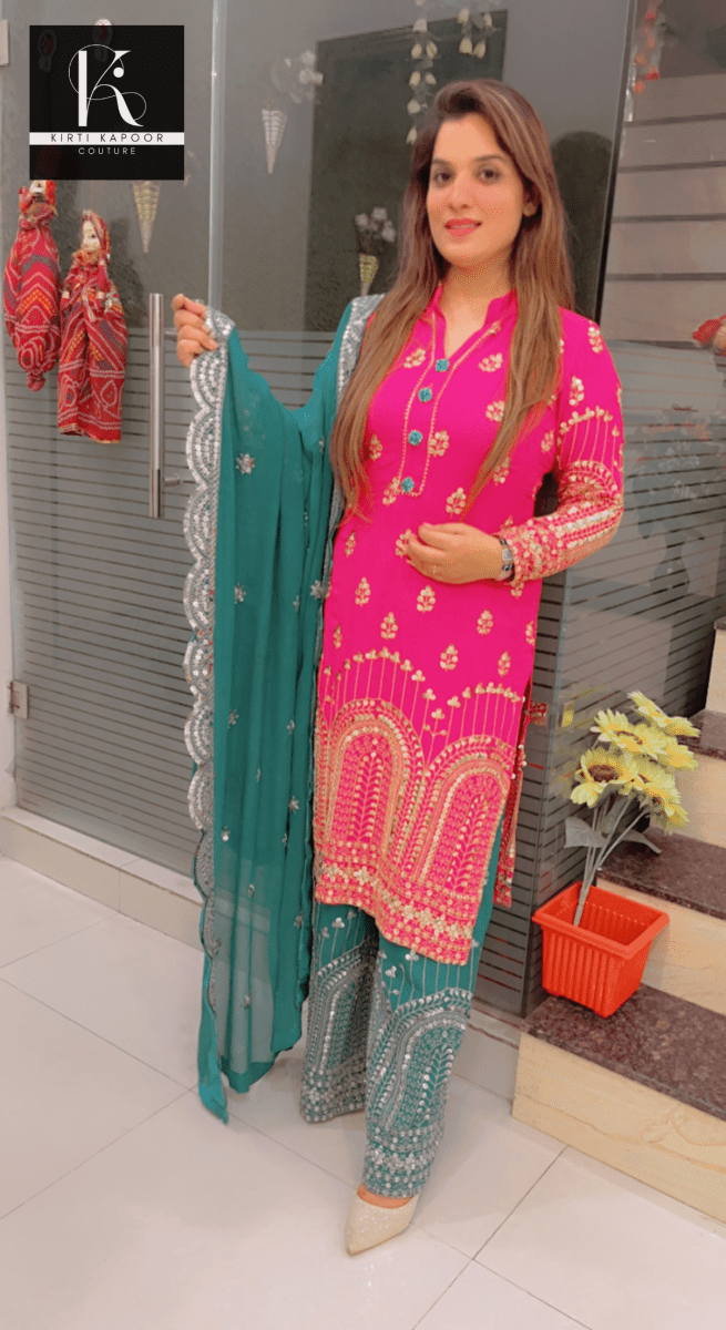 Hot - pink and Peacock Green Embroidered Suit - Kirti Kapoor Couture
