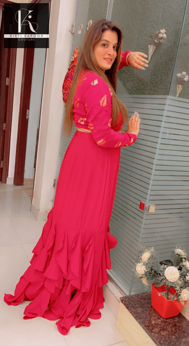 Hot Pink Drape Dress With Embroidered Blouse - Kirti Kapoor Couture