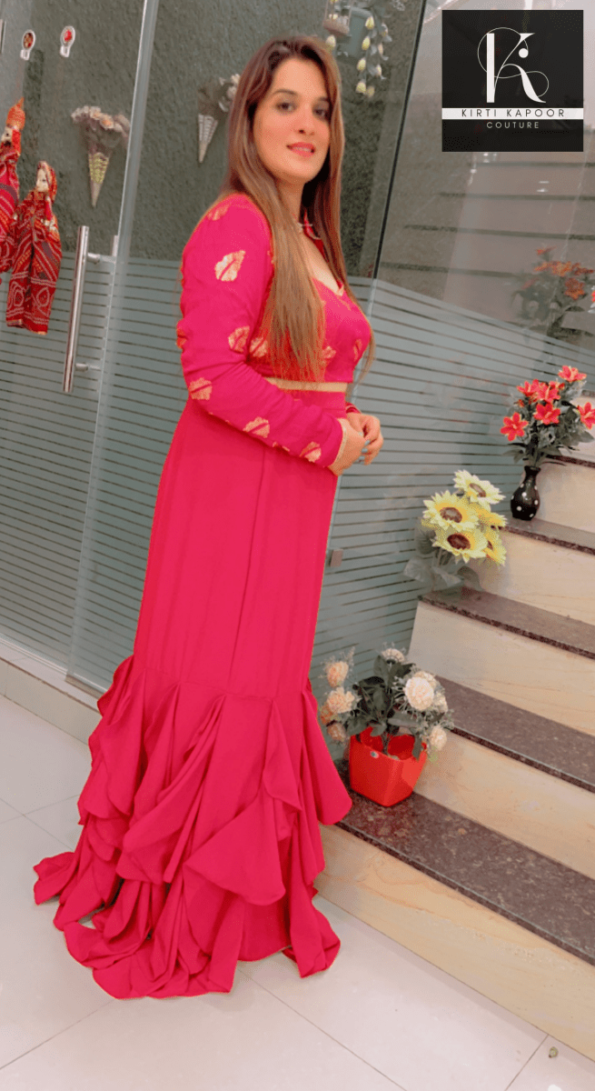 Hot Pink Drape Dress With Embroidered Blouse - Kirti Kapoor Couture