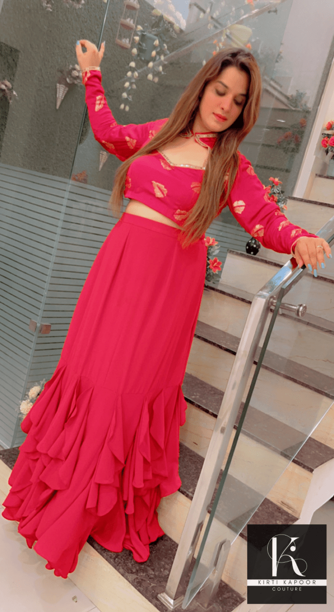 Hot Pink Drape Dress With Embroidered Blouse - Kirti Kapoor Couture
