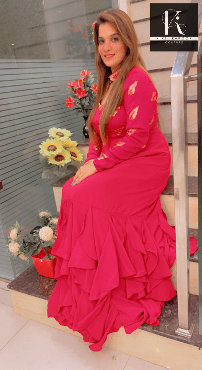 Hot Pink Drape Dress With Embroidered Blouse - Kirti Kapoor Couture