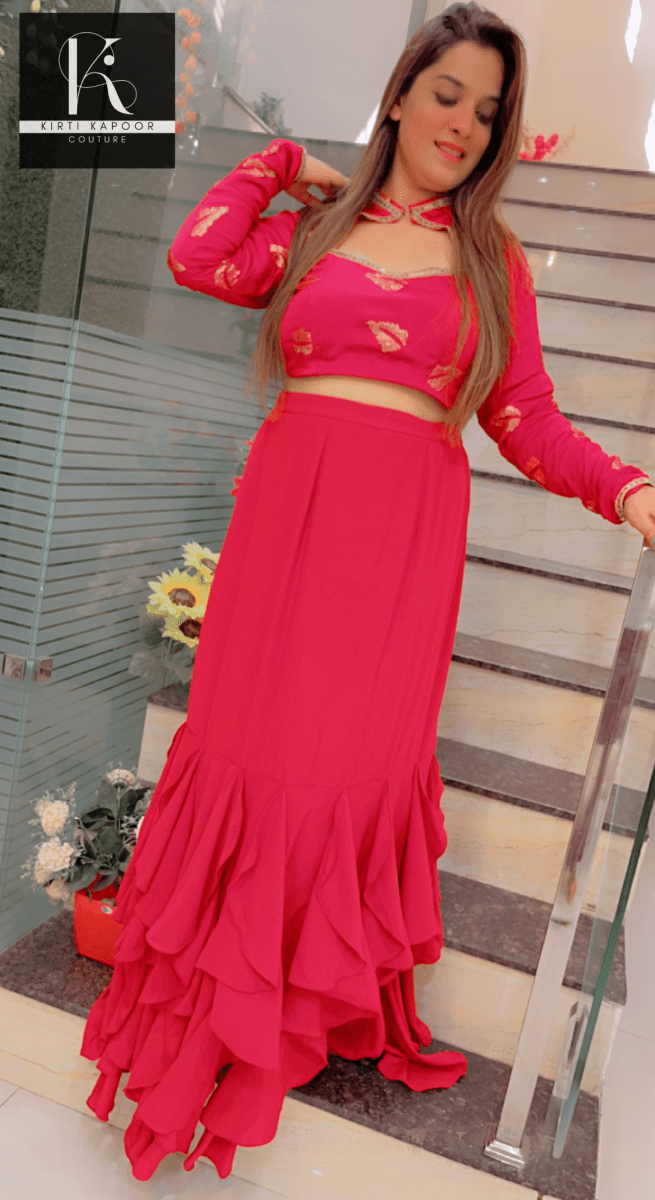 Hot Pink Drape Dress With Embroidered Blouse - Kirti Kapoor Couture