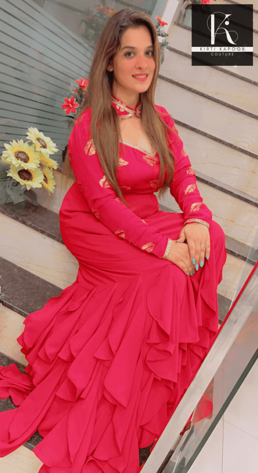 Hot Pink Drape Dress With Embroidered Blouse - Kirti Kapoor Couture