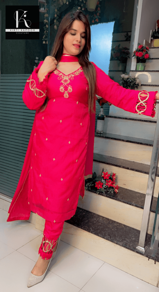 Hot - Pink Hand - Embroidered Organza Suit - Kirti Kapoor Couture