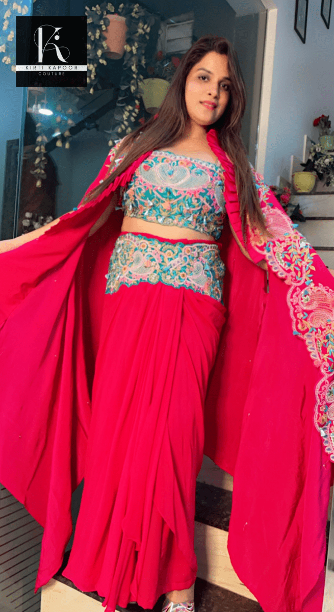 Hot - Pink Three - Piece Embroidered Dress - Kirti Kapoor Couture