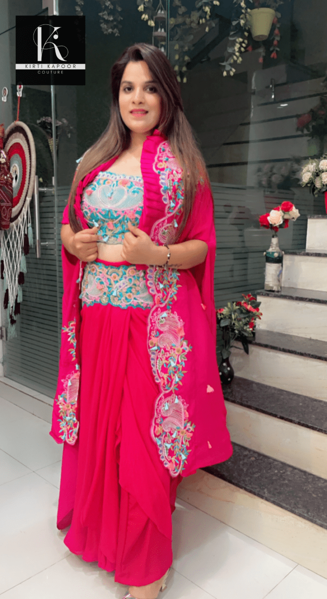 Hot - Pink Three - Piece Embroidered Dress - Kirti Kapoor Couture