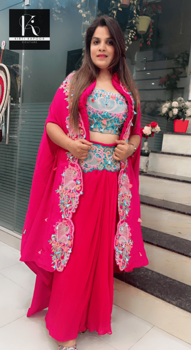 Hot - Pink Three - Piece Embroidered Dress - Kirti Kapoor Couture