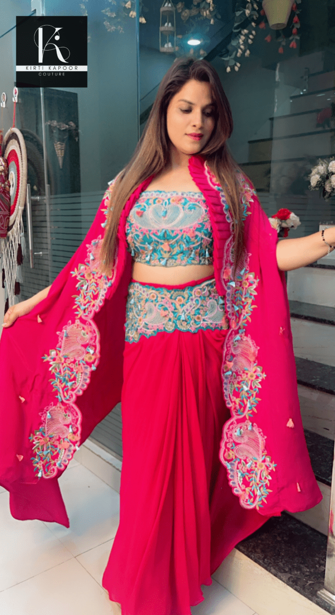Hot - Pink Three - Piece Embroidered Dress - Kirti Kapoor Couture