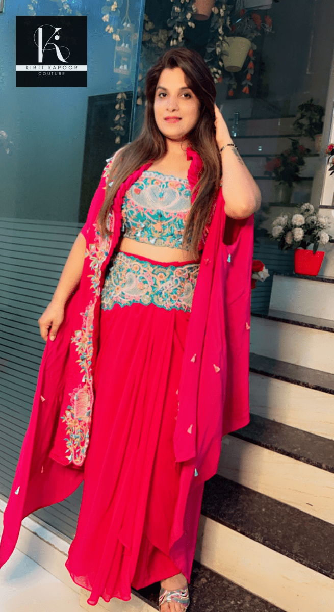Hot - Pink Three - Piece Embroidered Dress - Kirti Kapoor Couture