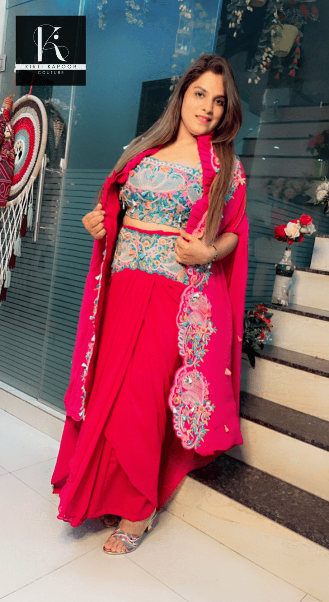Hot - Pink Three - Piece Embroidered Dress - Kirti Kapoor Couture