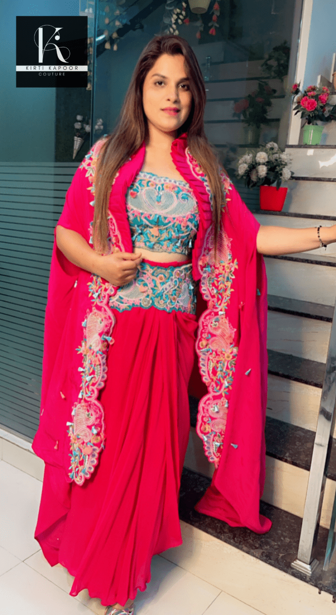 Hot - Pink Three - Piece Embroidered Dress - Kirti Kapoor Couture