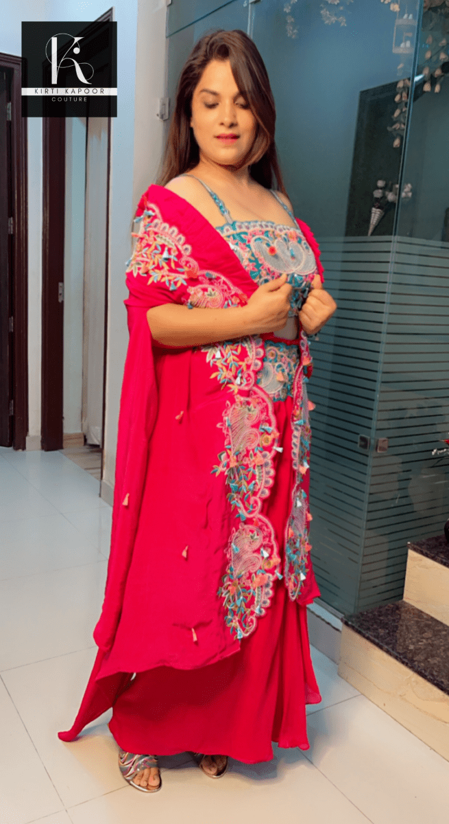 Hot - Pink Three - Piece Embroidered Dress - Kirti Kapoor Couture