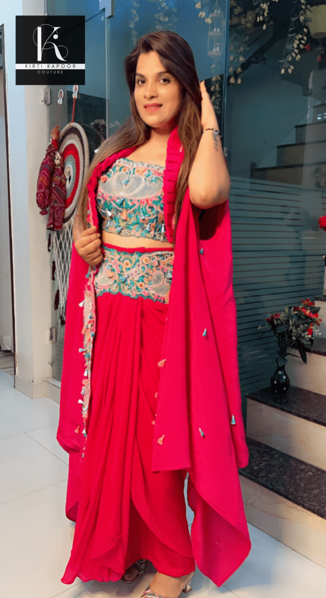 Hot - Pink Three - Piece Embroidered Dress - Kirti Kapoor Couture