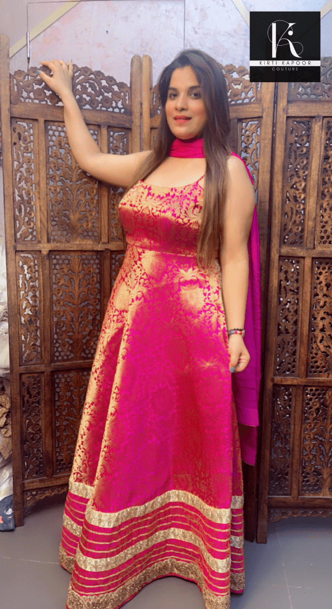 Hot Pink Worked Brocade Silk Anarkali (Heavy Border) - Kirti Kapoor Couture