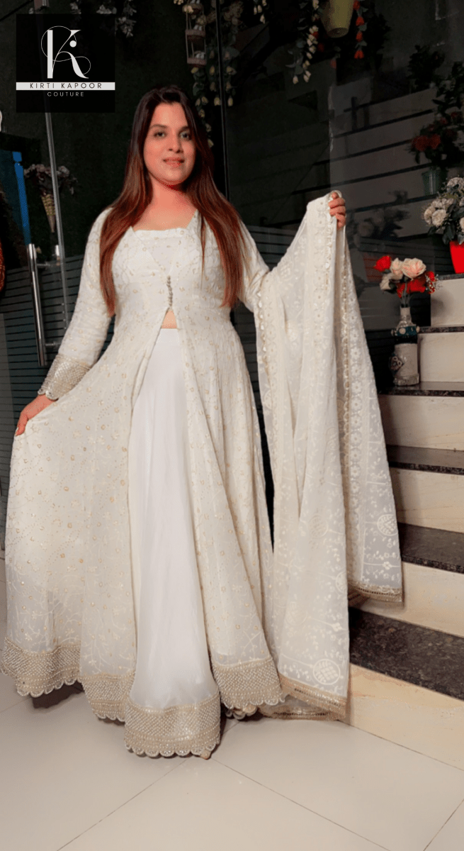 Lakhnavi White Anarkali (Designer 4 piece set) - Kirti Kapoor Couture