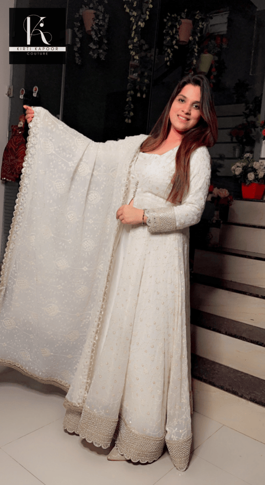 Lakhnavi White Anarkali (Designer 4 piece set) - Kirti Kapoor Couture