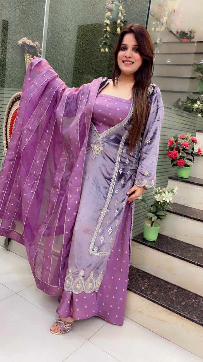 Lavender Silk Velvet with Shimmer Silk Plazo Suit - Kirti Kapoor Couture