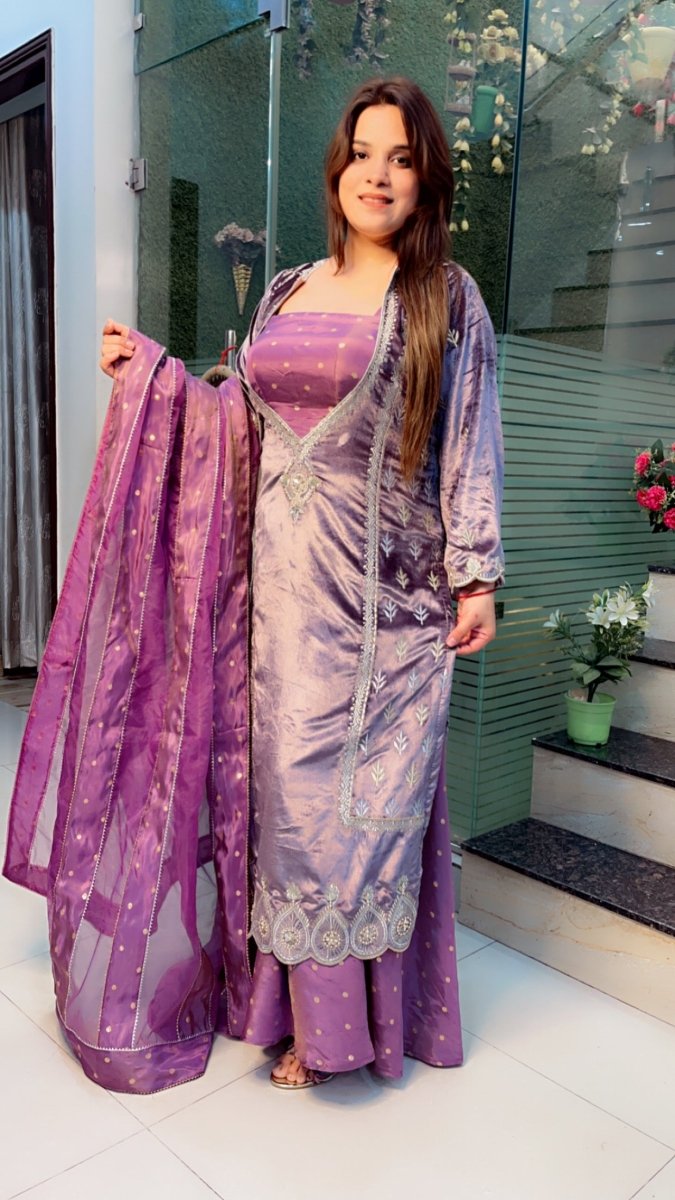 Lavender Silk Velvet with Shimmer Silk Plazo Suit - Kirti Kapoor Couture