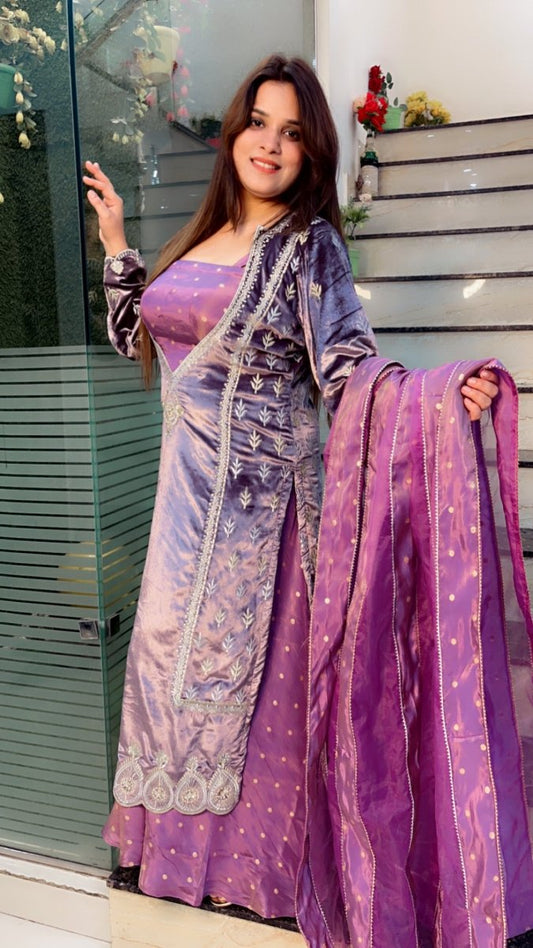 Lavender Silk Velvet with Shimmer Silk Plazo Suit - Kirti Kapoor Couture