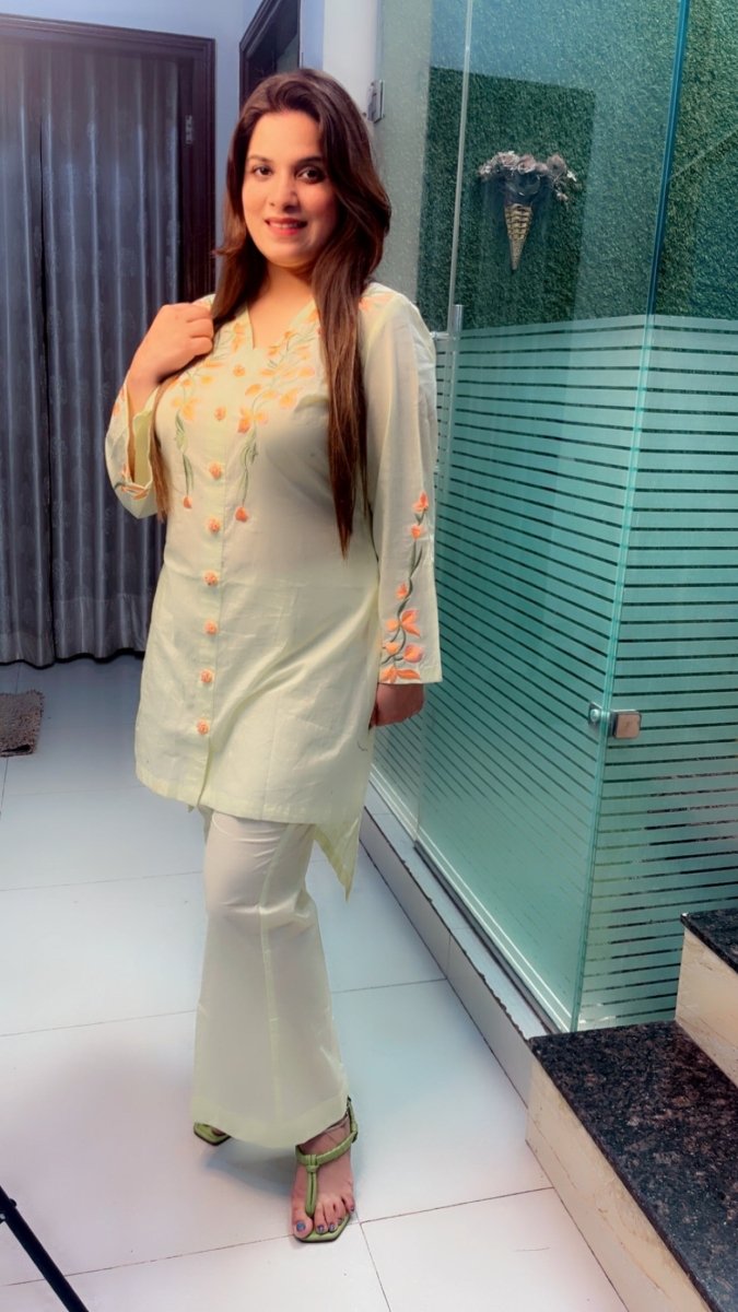 Lemon Coloured Embroidered Co - ord Set - Kirti Kapoor Couture