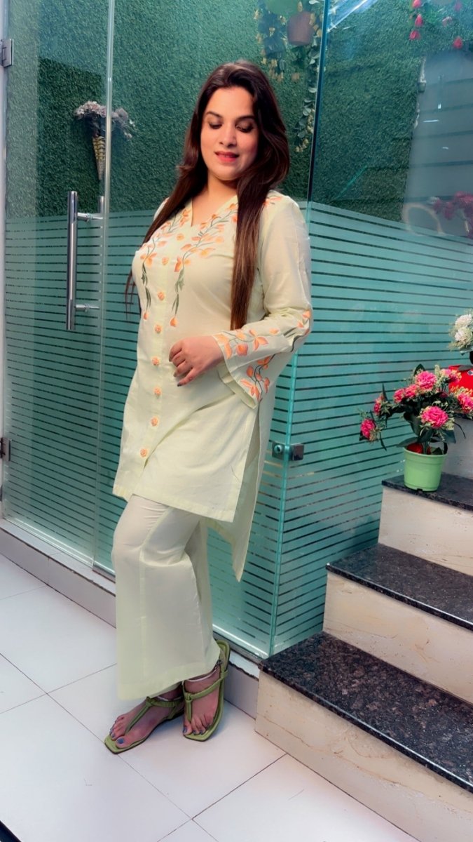 Lemon Coloured Embroidered Co - ord Set - Kirti Kapoor Couture