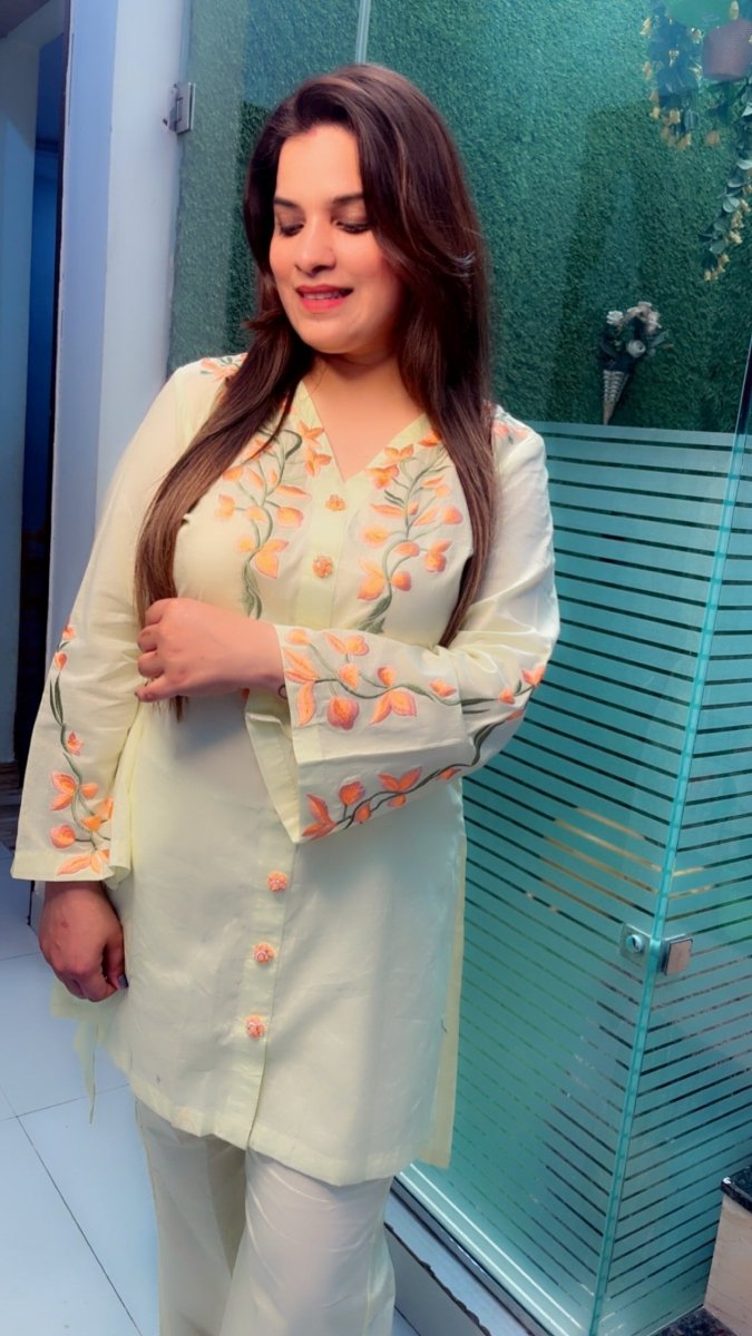 Lemon Coloured Embroidered Co - ord Set - Kirti Kapoor Couture