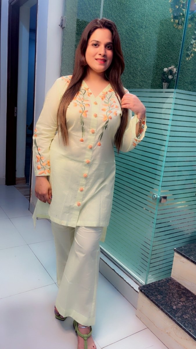 Lemon Coloured Embroidered Co - ord Set - Kirti Kapoor Couture