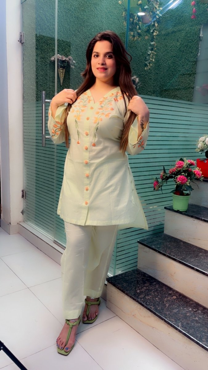 Lemon Coloured Embroidered Co - ord Set - Kirti Kapoor Couture