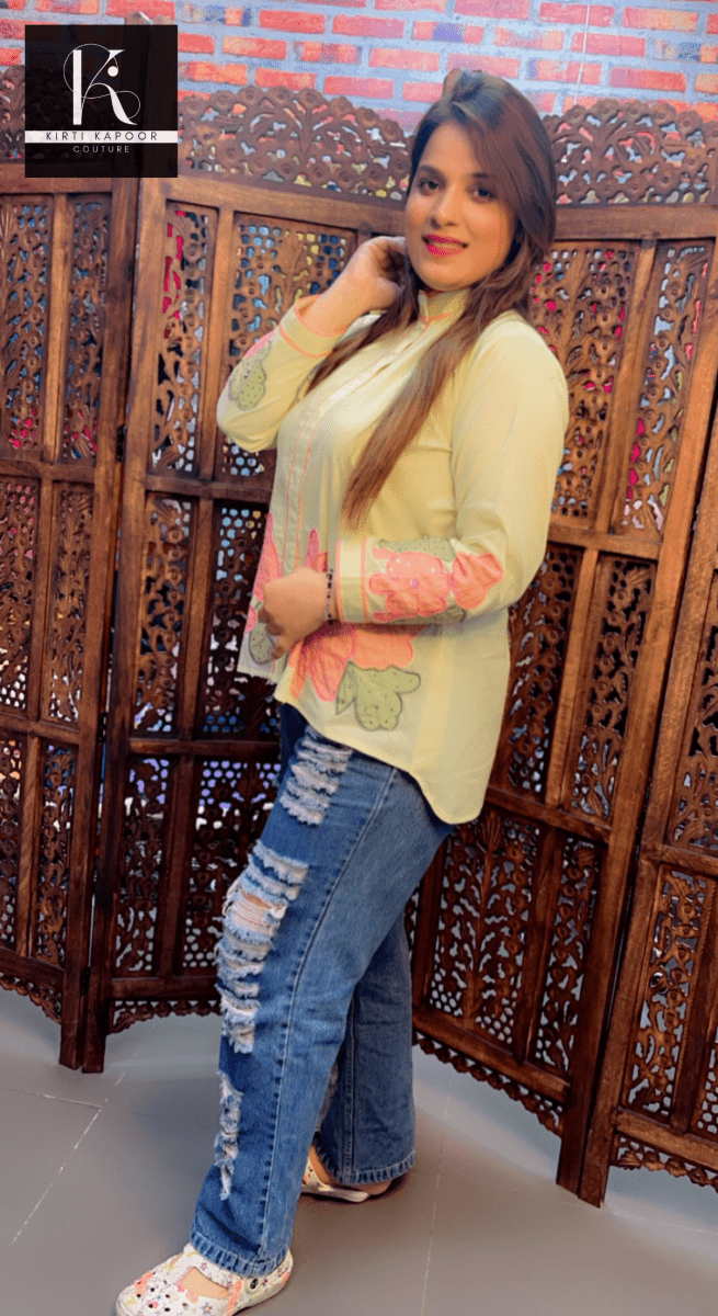 Lemon Coloured Hand - Embroidered Shirt - Kirti Kapoor Couture