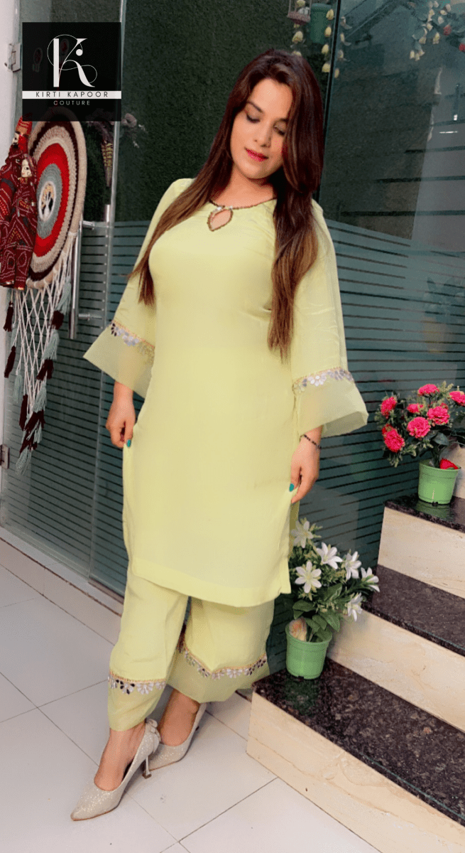 Lemon Semi - Formal Set with Mirror - Work and Organza Highlights - Kirti Kapoor Couture