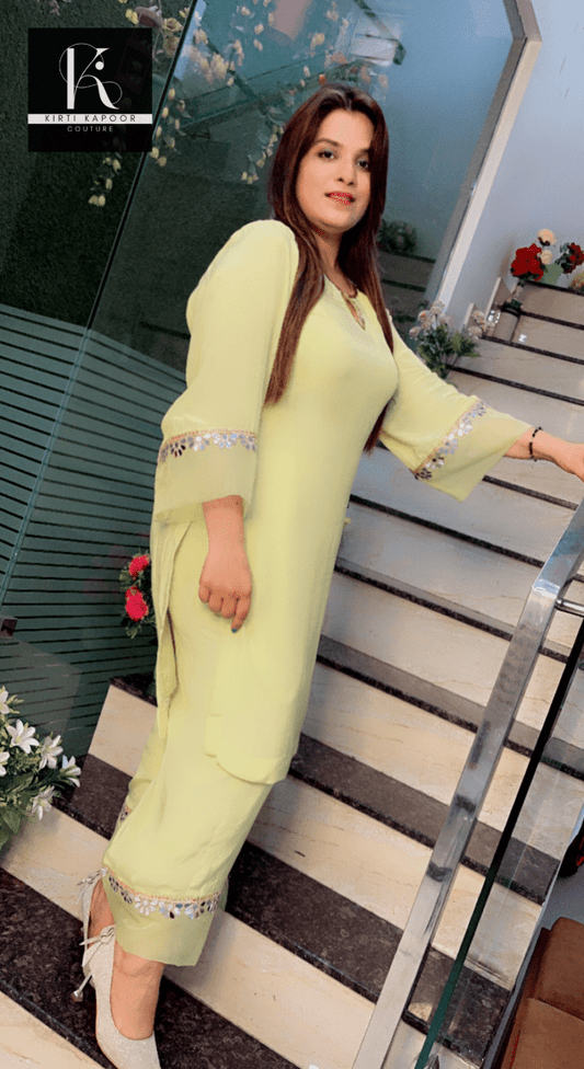 Lemon Semi - Formal Set with Mirror - Work and Organza Highlights - Kirti Kapoor Couture