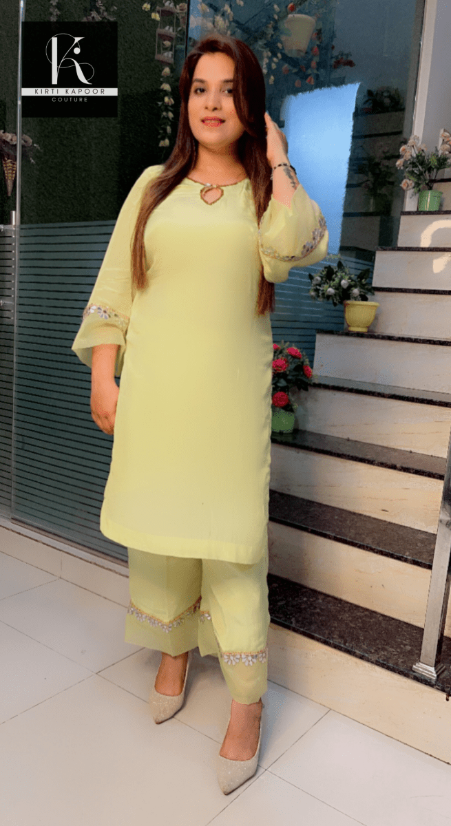 Lemon Semi - Formal Set with Mirror - Work and Organza Highlights - Kirti Kapoor Couture