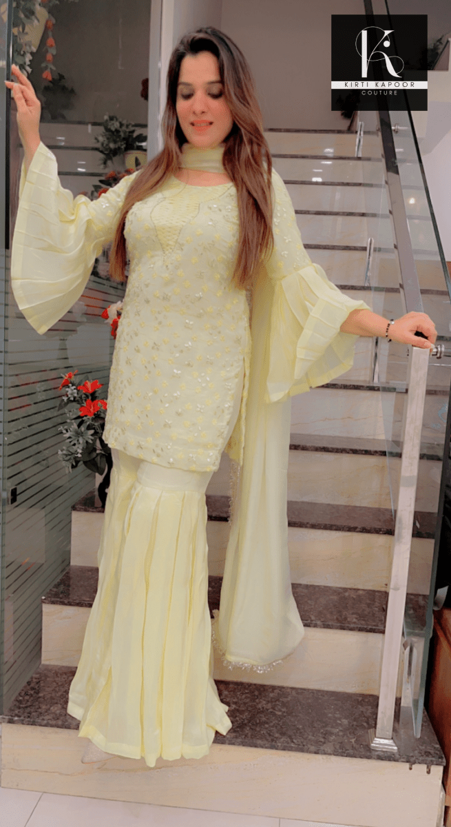 Lemon Yellow Suit with Box - Plates Plazo - Kirti Kapoor Couture
