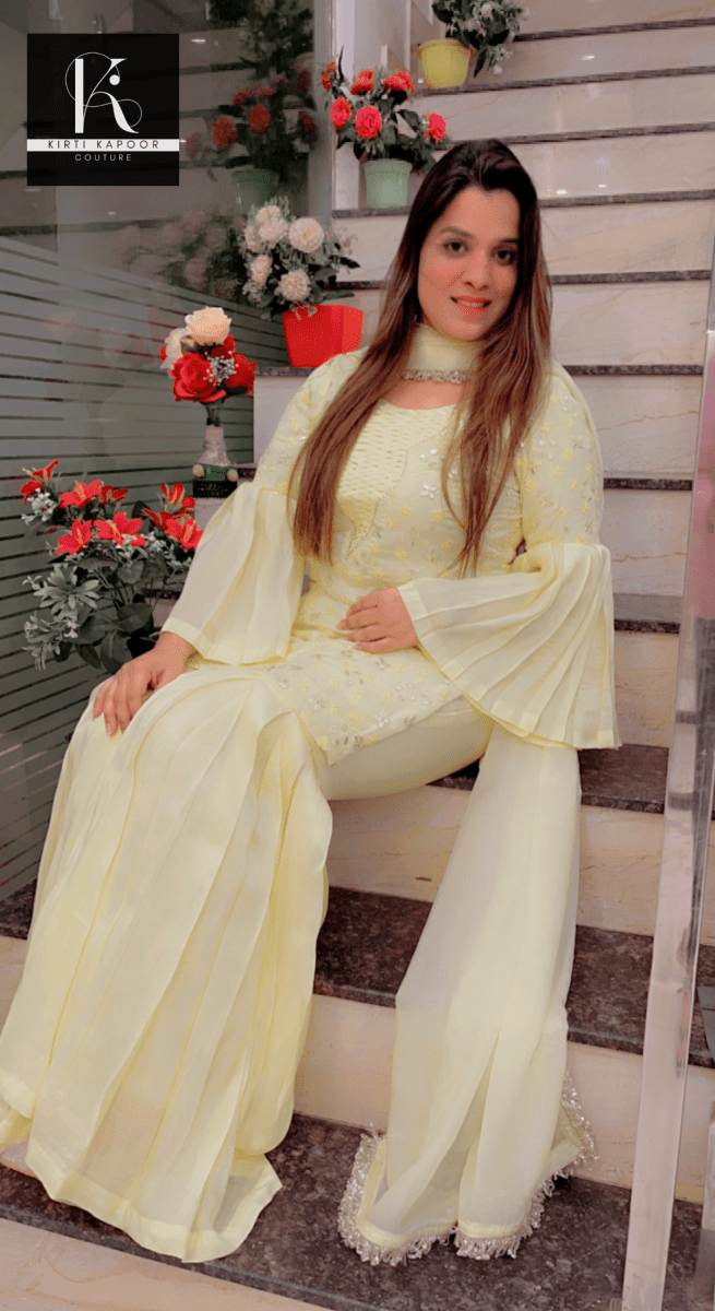 Lemon Yellow Suit with Box - Plates Plazo - Kirti Kapoor Couture