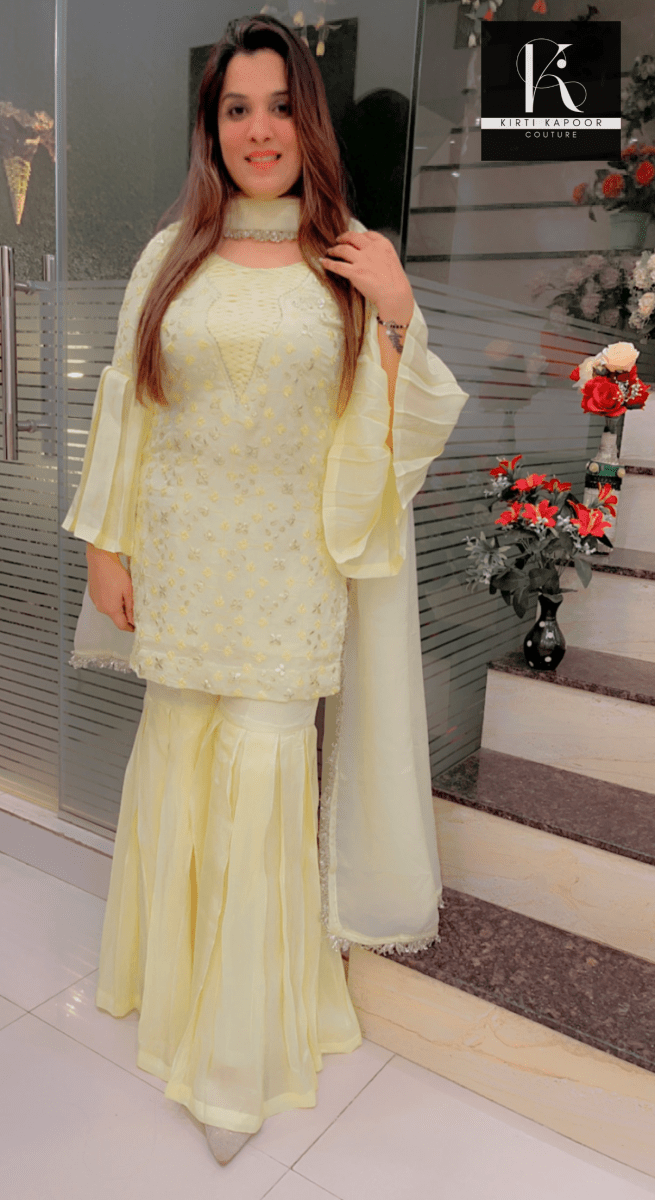 Lemon Yellow Suit with Box - Plates Plazo - Kirti Kapoor Couture