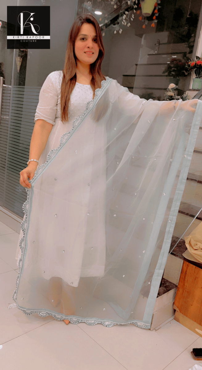 Light Blue Hand Embroidered Dupatta - Kirti Kapoor Couture