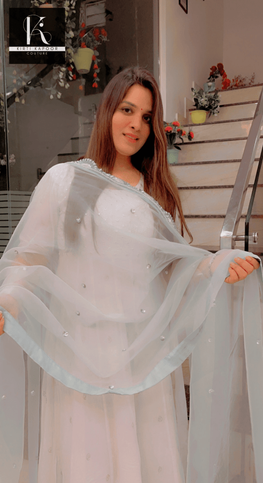 Light Blue Hand Embroidered Dupatta - Kirti Kapoor Couture