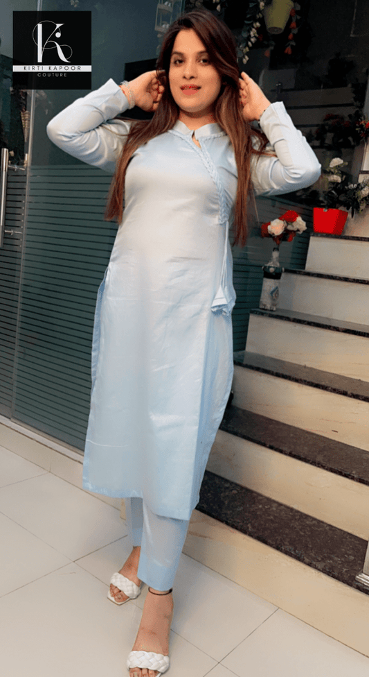 Light Blue Kurti and Pant Set (With Braided Designing) - Kirti Kapoor Couture