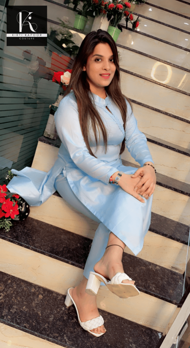 Light Blue Kurti and Pant Set (With Braided Designing) - Kirti Kapoor Couture