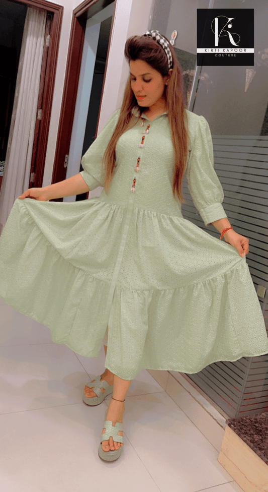 Light Green Chicken Fabric Maxi Dress - Kirti Kapoor Couture