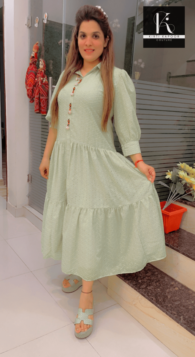 Light Green Chicken Fabric Maxi Dress - Kirti Kapoor Couture