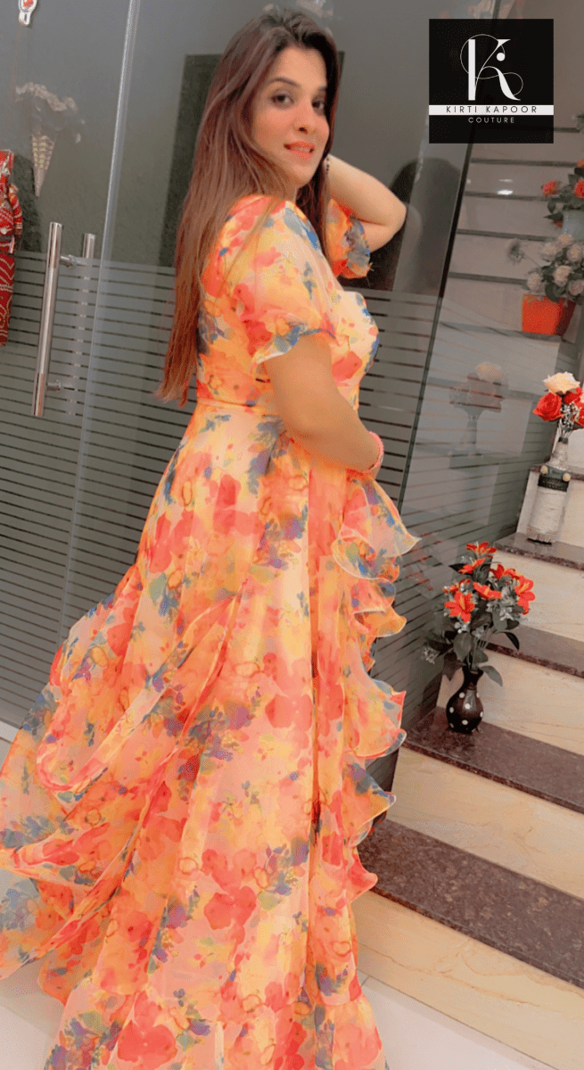 Light Orange Organza Gown (With Overall Colored Printing) - Kirti Kapoor Couture